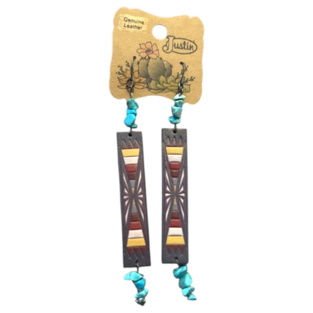 New Justin Tooled Leather Aztec Pattern Earrings